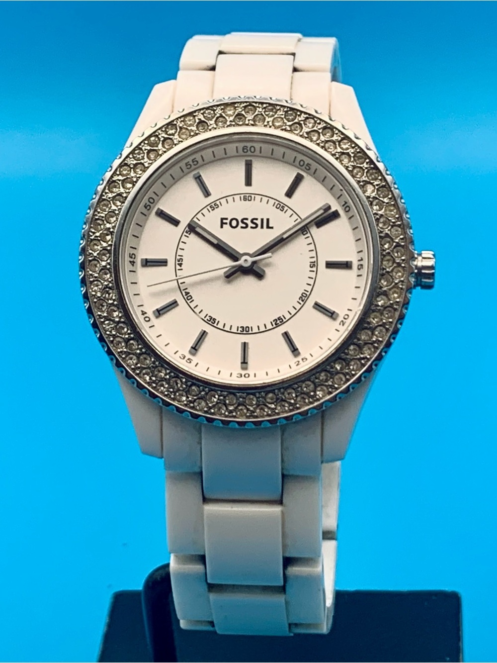 FOSSIL STELLA ES-2444 Women’s Bracelet Wristwatch Crystal Bezel Working New Batt